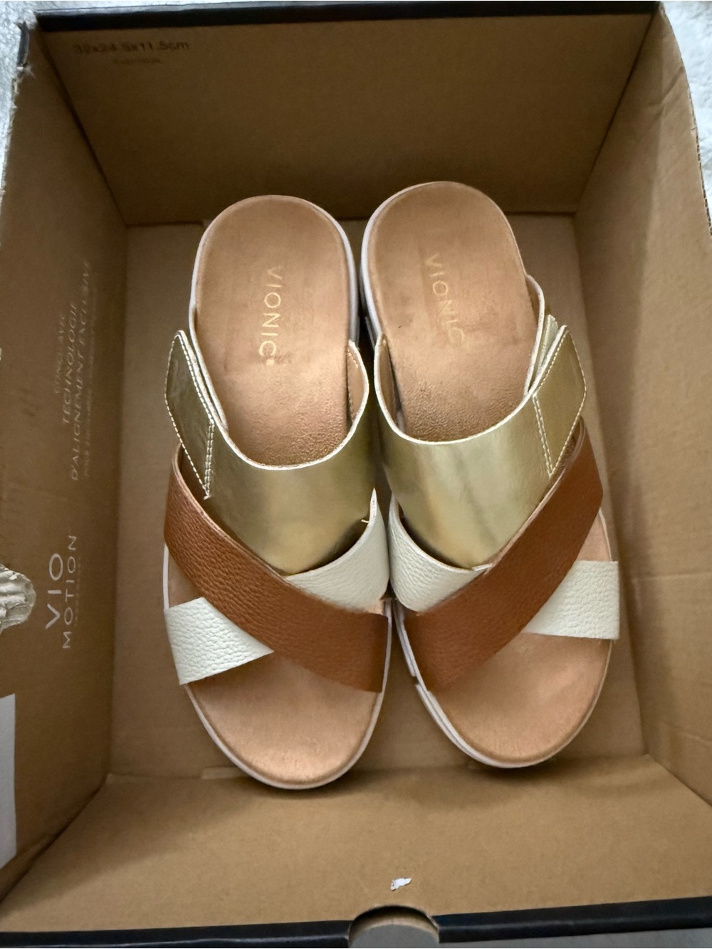 Vionic Women's Crisscross Mule Sandals in Gold, Brown & Cream